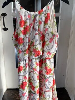 DNA couture White Mini Dress with Coral-Red Floral Print